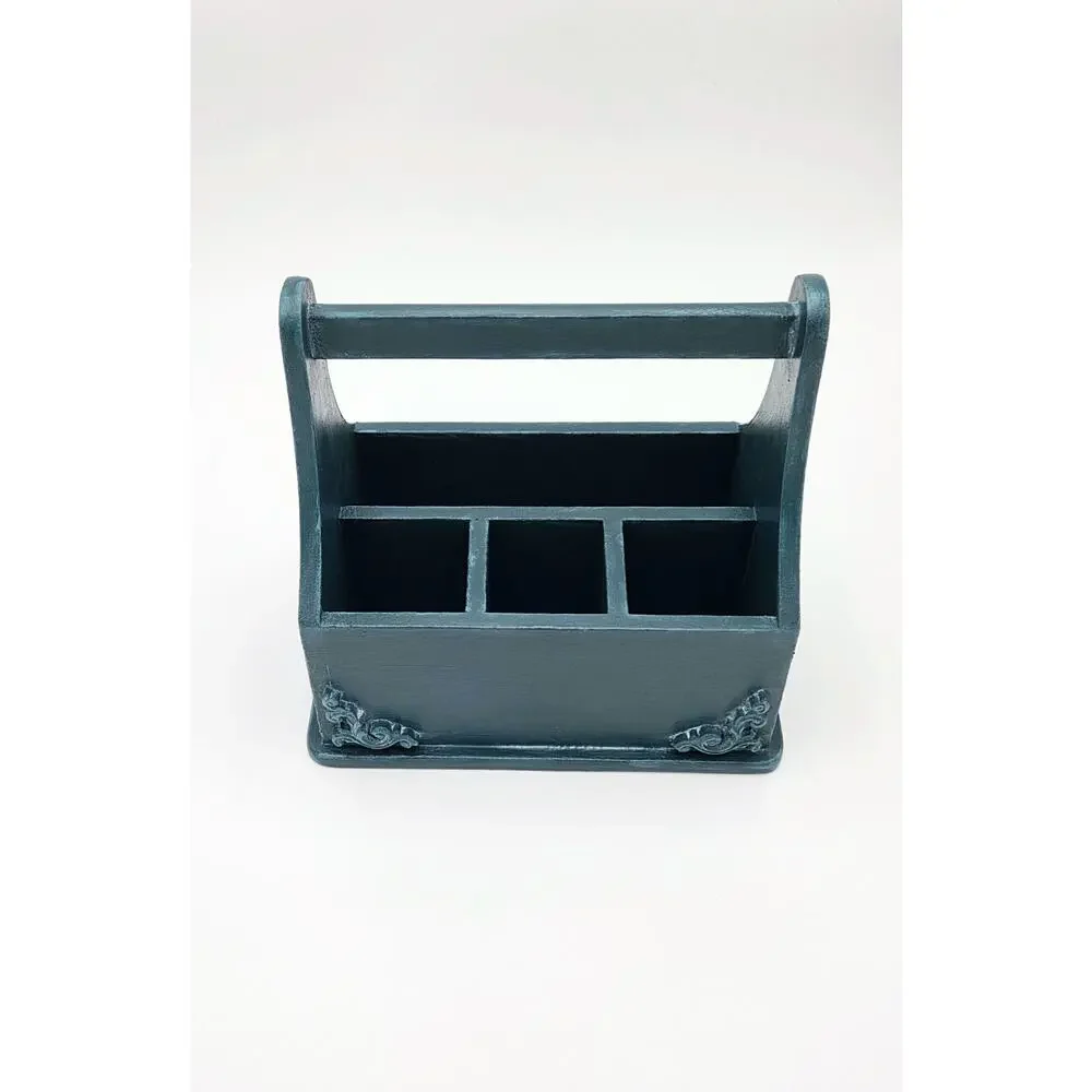 Rustic Teal Wooden Organizer Caddy – Multi‑Slot Desk Storage